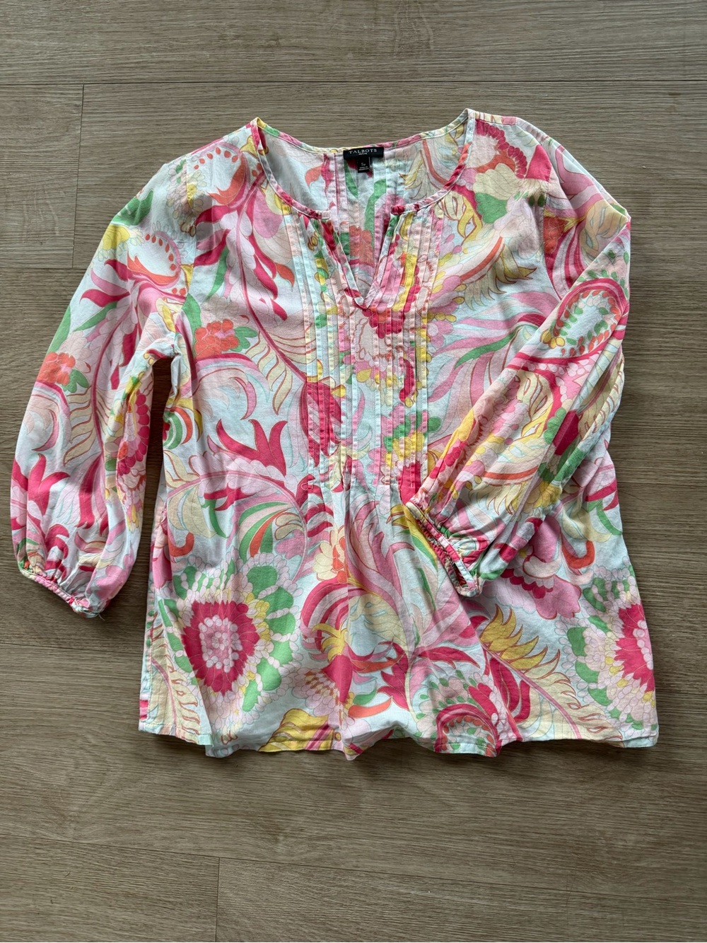 Talbots Pink Yellow Green Floral Pintuck Peasant Tunic